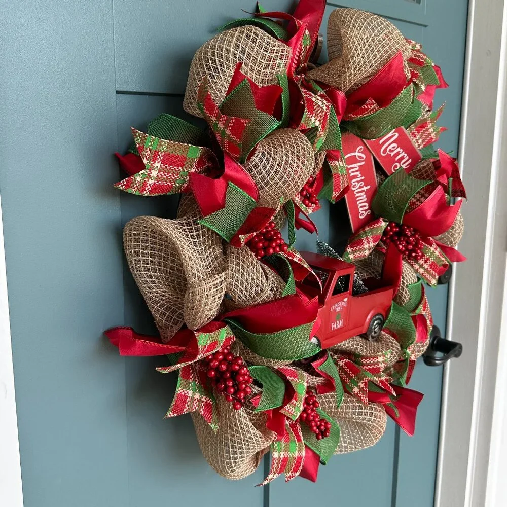 Red Truck Christmas Wreath Farmhouse Plaid Rustic Holiday Decor Made to Order